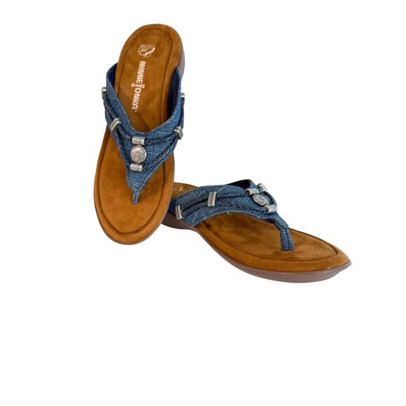 Minnetonka Shoes - NWOT Minnetonka 360 Comfort Women's Slip-On Sandals Size 6M Brown & Blue Denim